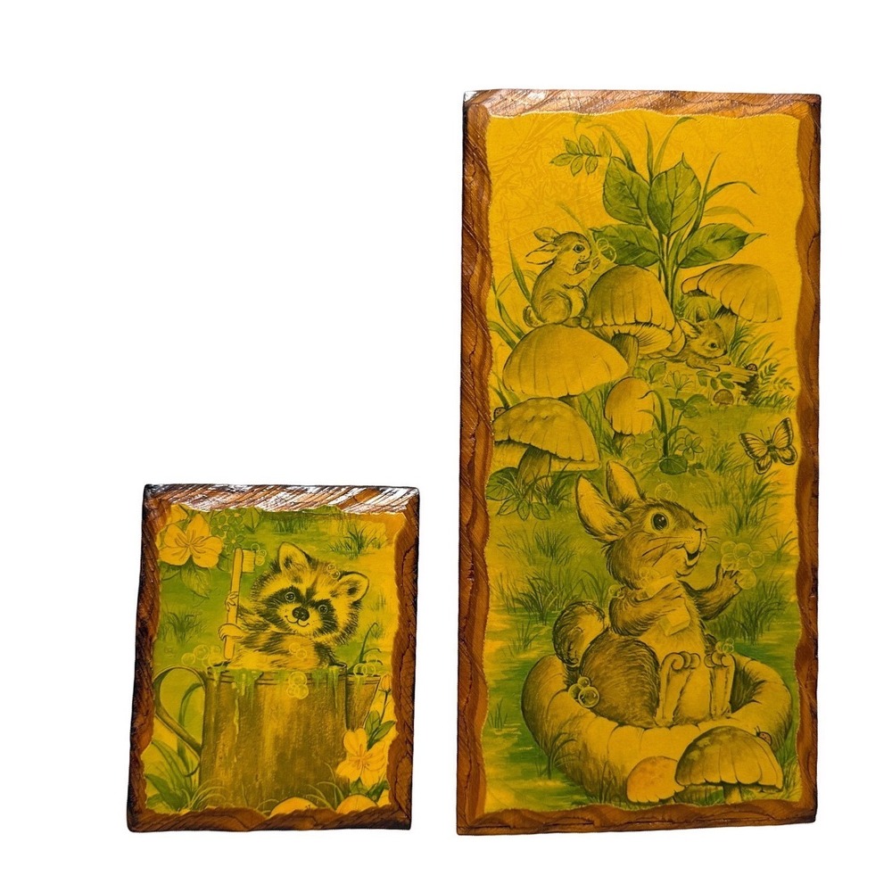 1970s Wood Plaque Wall Art Raccoon Bunny Mushroom Retro Woodland Anthropomorphic